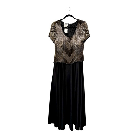 Stenay Silk Black Gold Sequin Beaded A-Line Maxi Evening Gown Dress Size 10 - Picture 1 of 15